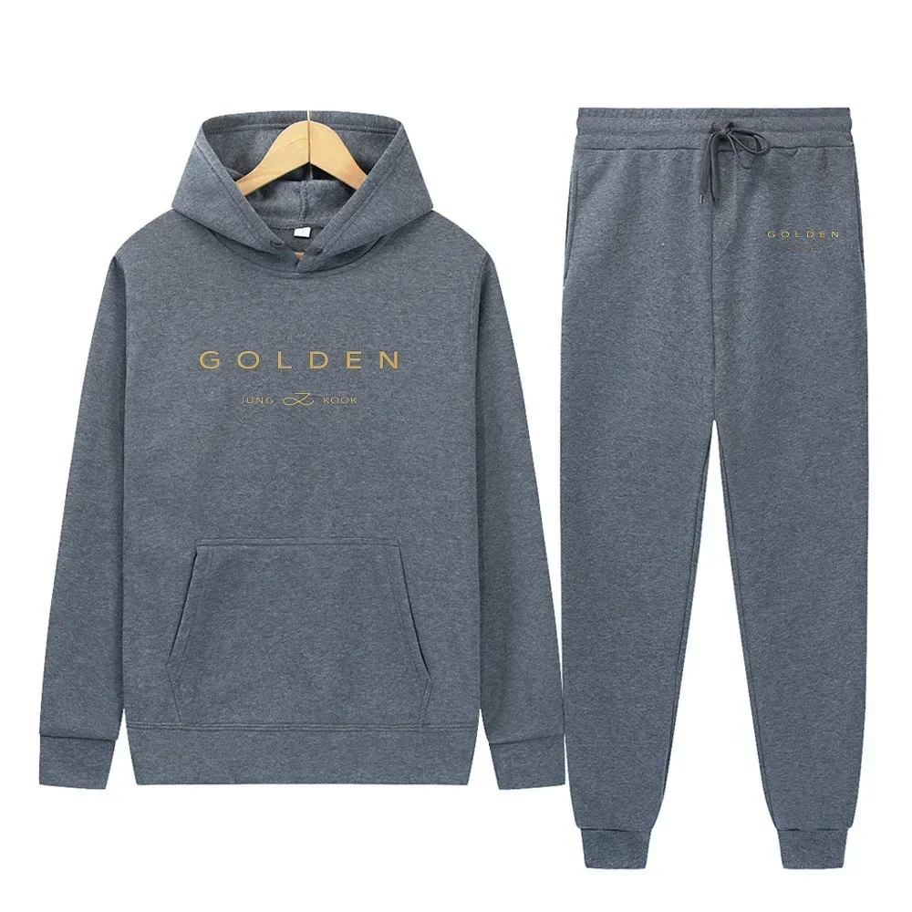 JungKook-Ensemble sweat à capuche et pantalon pour homme, sweat-shirt doré, pantalon de survêtement, coupe couvertes, mode automne et hiver