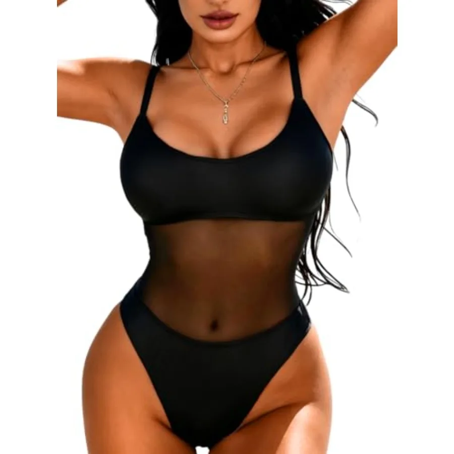 

EHSUYAB Sexy Womens Mesh One Pcs Swimsuit, Cheeky High Cut Low Back Bathing Suit Cut Out Monokini, Beach Vacation Outfits