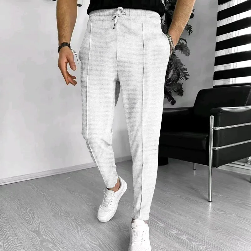 Pantalones deportivos a cuadros con cordón para hombre, Pantalones rectos sueltos informales, pantalones de chándal ajustados elásticos con cordón