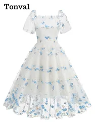 Tonval Frilled Square Neck Elegant White Luxury Embroidery Dresses Women Evening Birthday Party Prom Floral Mesh Vintage Dress