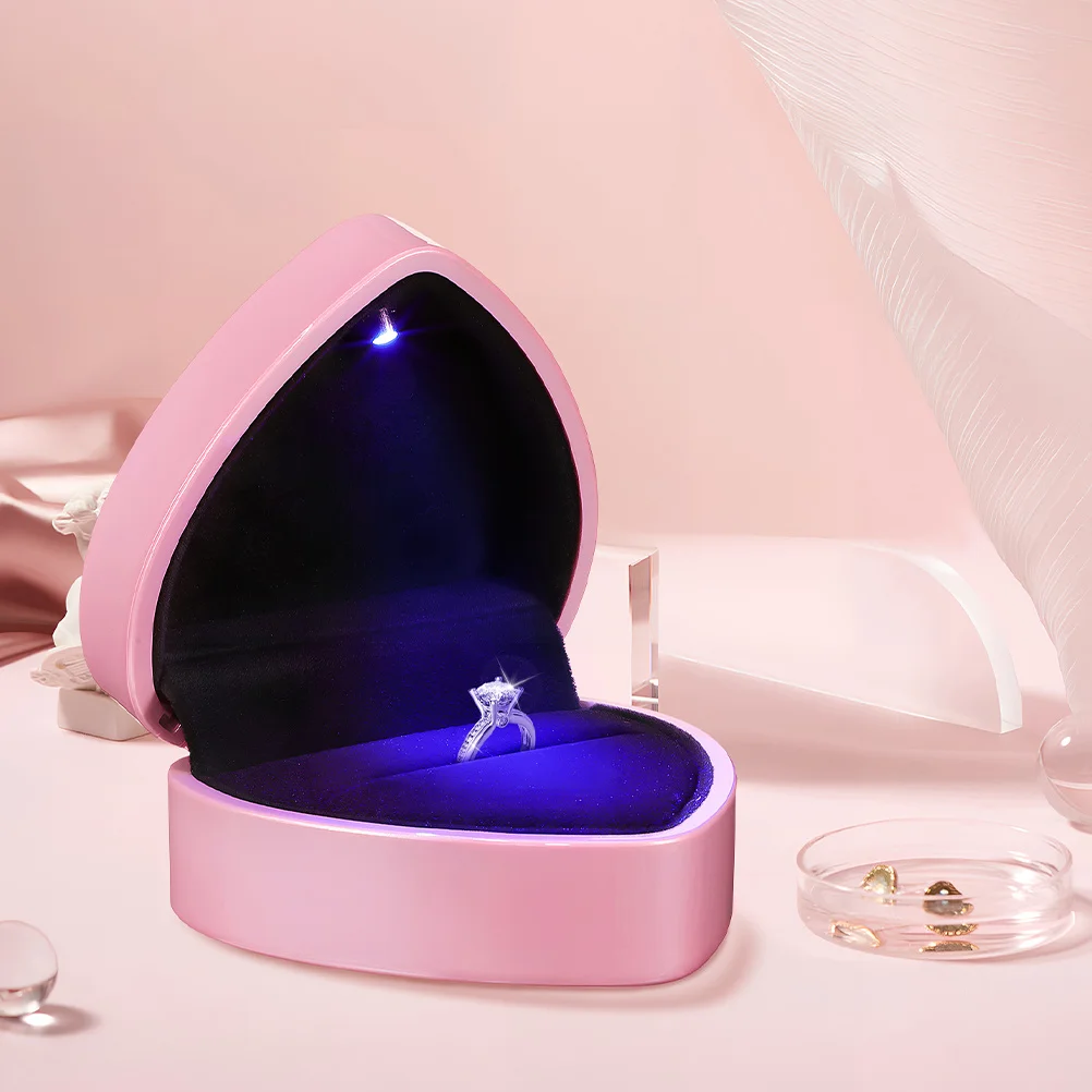 

2Pcs Red Heart Shaped Jewelry Box with LED Light Up Display for Engagement Rings Wedding Bands Necklaces Valentine's Present
