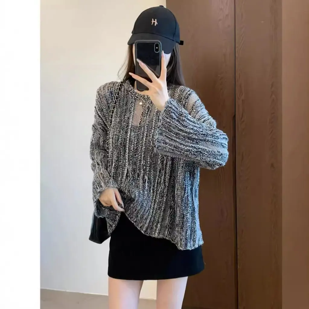 

Модный ленивый шерстяной свитер, пушистый текстурированный свободный утягивающий женский кардиган с круглым вырезом в вертикальную полоску F091822, кардиган