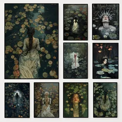 Ophelia Dark Academia Print The Lake Poster Goth Moody Victorian Girl Into Lake Canvas Painting Wall Art Cottage Room Home Decor