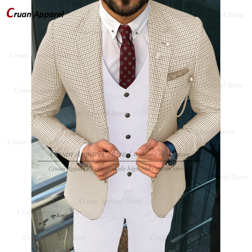 

Fashion Plaid Suit Coat Set For Men Classic Notch Lapel Blazer Vest Pants 3 Pieces Formal Party Custom Gentlemen Slim Fit Outfit