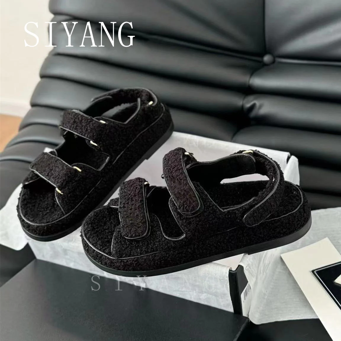 Fashion Women's Casual Shoes, Pure Colour Side Hollow Plush Buckle Flat Sandals, Home Daily Flat Shoes