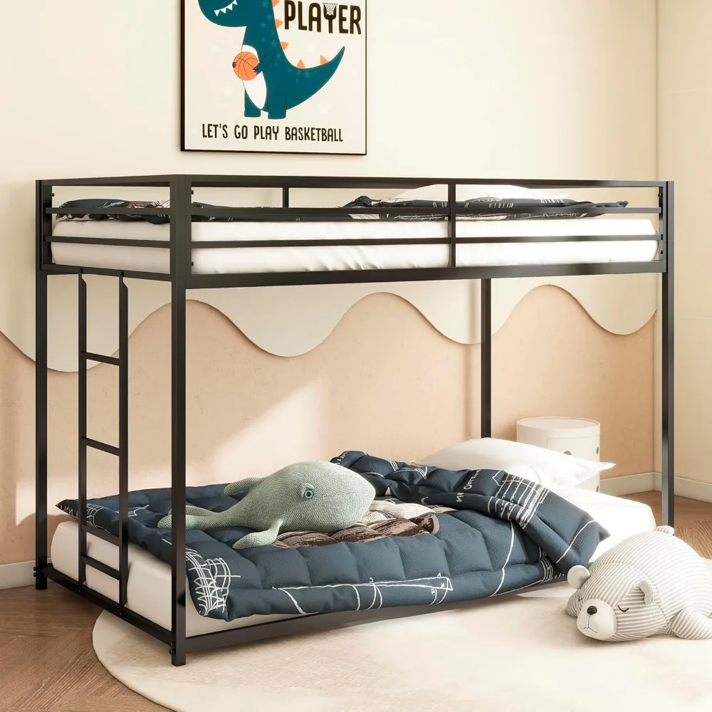 

Bunk Bed Twin Over Twin,54-inch High Metal Low Bunk Bed Frame With 11-inch High Guard Rails,Convertible Bed Ladder Installs Any