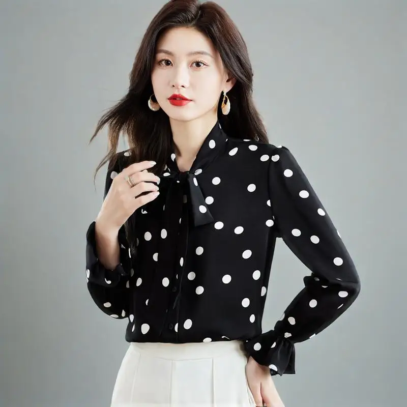

French Style Women's Polka Dot Shirt Office Casual Blouse Long Sleeve Loose Fit Satin Top with Lace-Up Bow