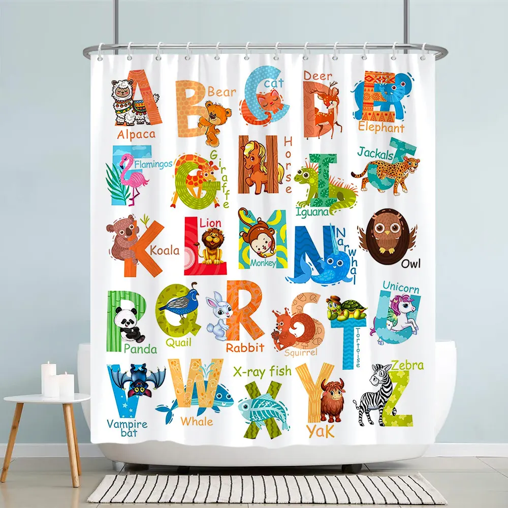 Kids Cartoon Animal Shower Curtain Funny Letters Blue Watercolour Fish Polyester Fabric Washable Shower Curtains Bathroom Decor