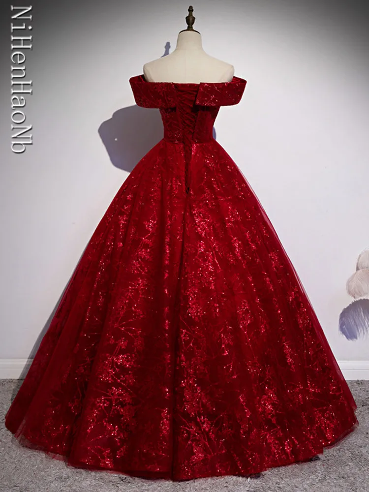 Red Evening Dress 2023 New Off The Shoulder Classic Elegant Ball Gown Sequined Tulle Banquet Host Vestidos