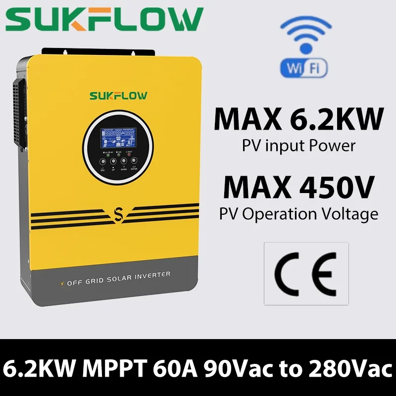 

Sukflow 6.2KW Hybrid Solar Inverter On off Grid 120A Pure Sine Wave Inverter 230V Output MPPT 120A Solar Charger for Home