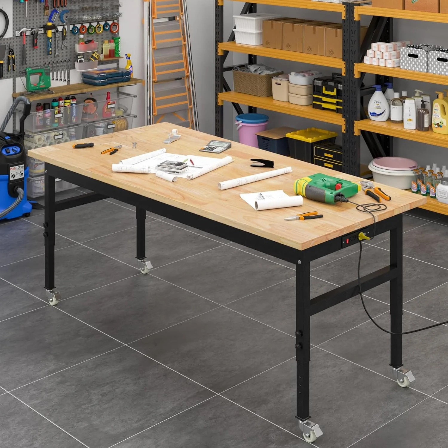 60" Adjustable Work Bench, Rubber Wood Top Workbench Heavy-Duty Work Table with Power Outlet with Wheels