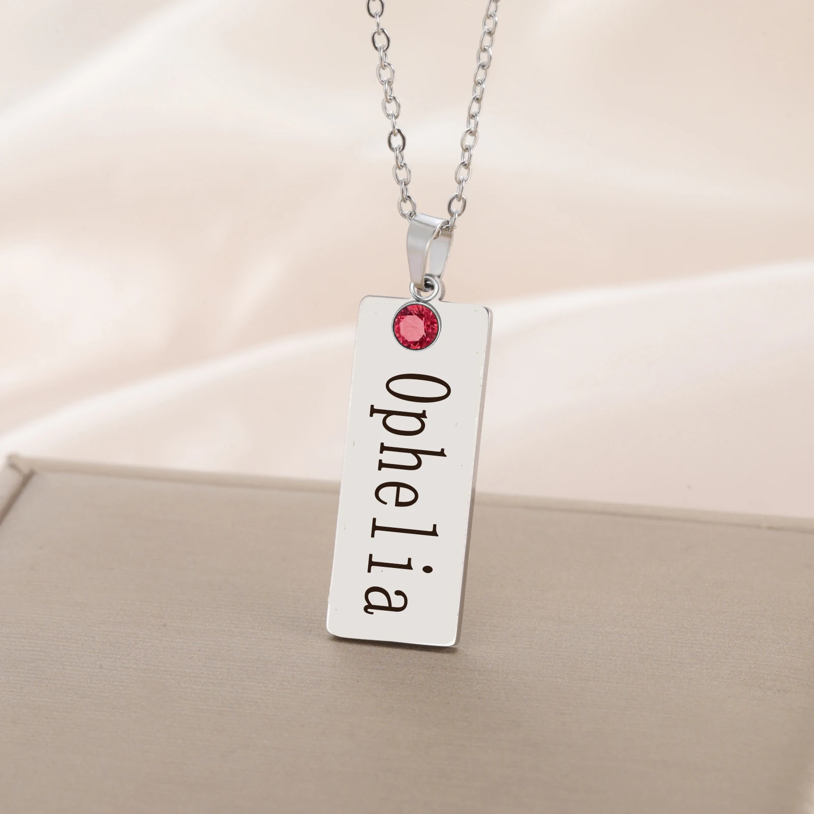 

Personalized Charm Necklace Customize Rectangular Pendant with Name and Birthstone Stainless Steel Jewelry Makes Gifts for Her