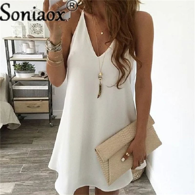 2021 New Casual Chic Chiffon Solid Color Sling Mini Dress Women Holiday V-Neck Swing Dress Summer Sexy Backless Ladies Dresses