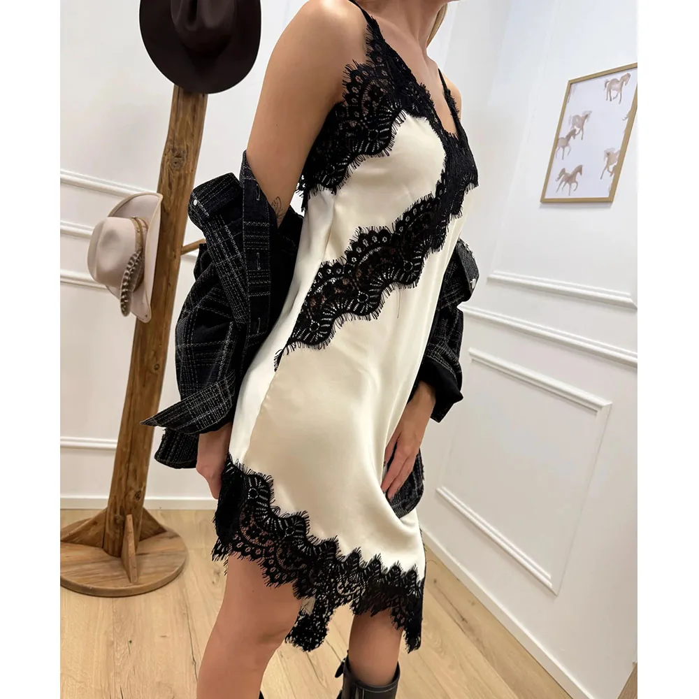 Frauen Sexy Satin Spitze Leibchen Mini Kleid Vintage Ästhetischen Ärmellose Spaghetti Strap Seide Cami Asymmetrische Slip Kleid