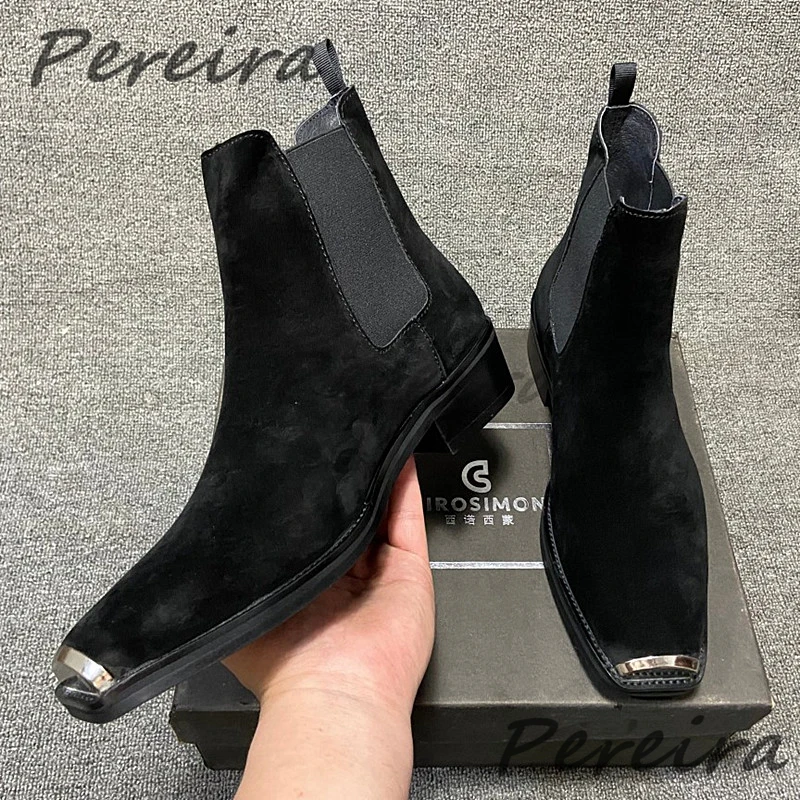 

Retro Black Brown Suede Chelsea Boots British Style Trendy Iron Toe Genuine Leather Short Boots Autumn Winter New Men's Shoes