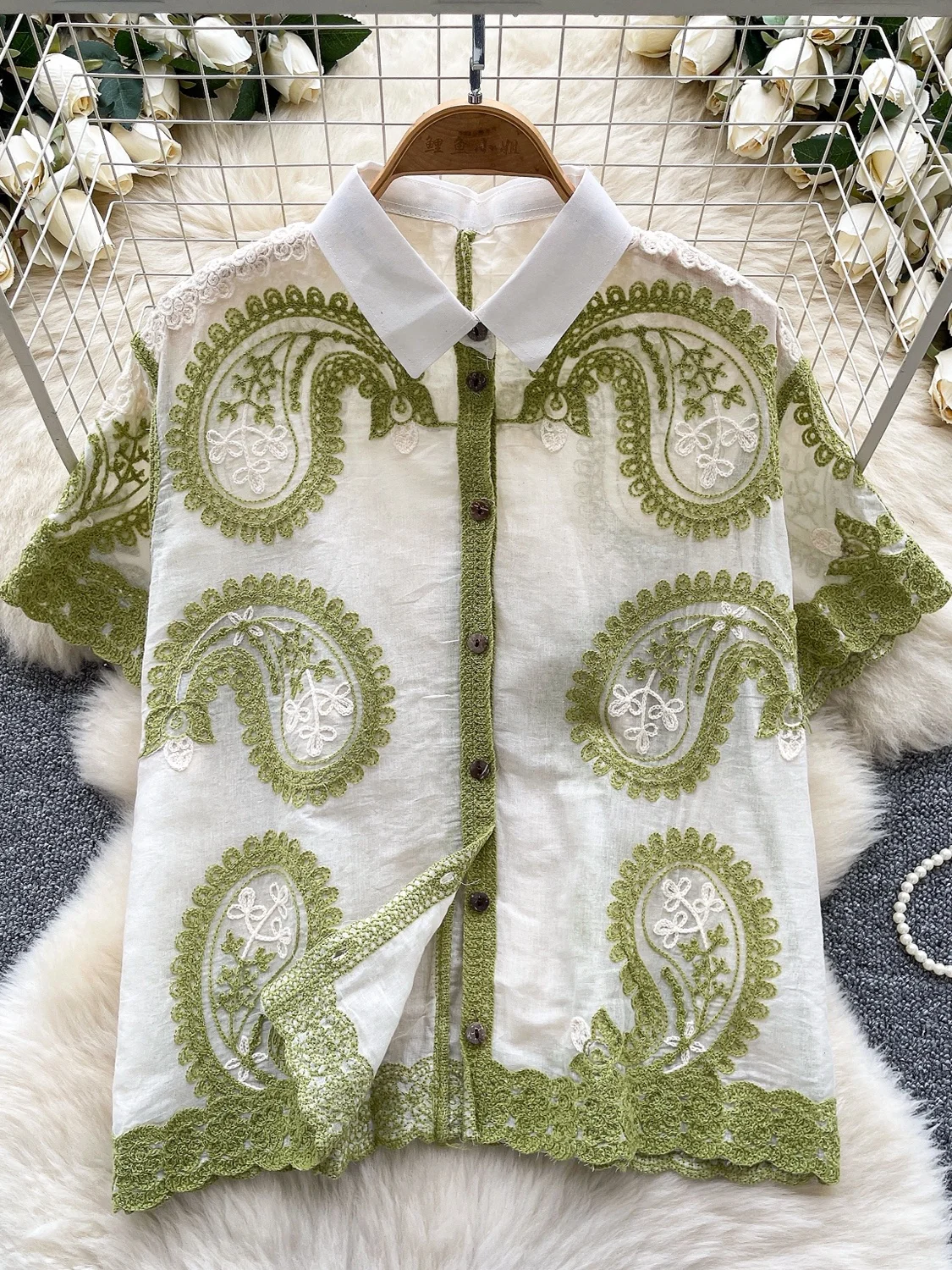 

ort Sve Embroidered Heavy Work irt Women's Summer Faion Korean Sle Thin Cotton Collar Button up Top