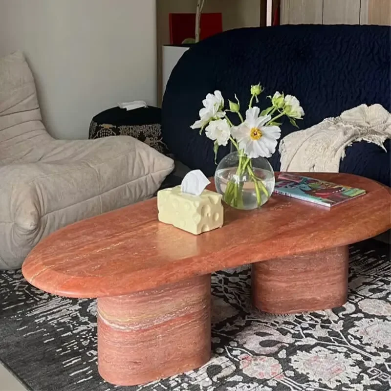 Modern Light Luxury Living Room Coffee Table Natural Travertine Irregular Shape Polished Surface Wabi Sabi Style Home Decor
