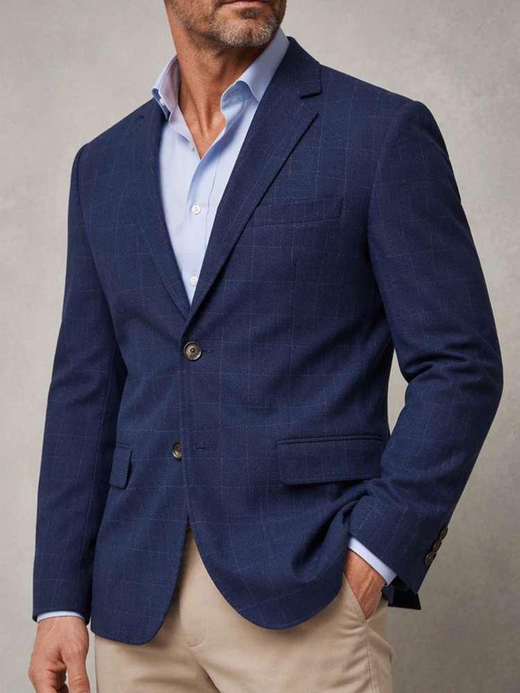 Men's Classic Windowpane Plaid Business Blazer Notched Lapel Long Sleeve Slim High Quality Suit Jacket Office Wedding Formal