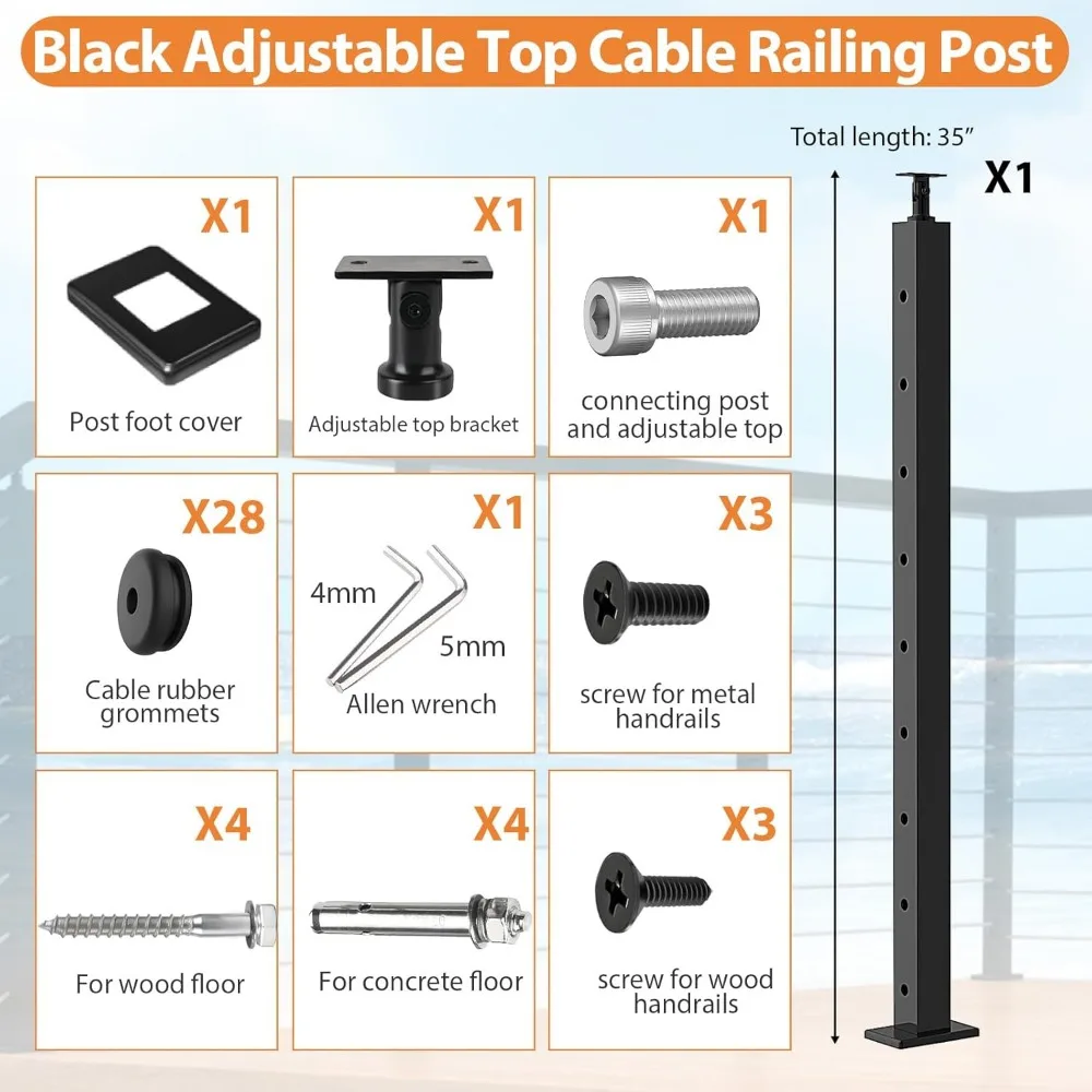 Cable Railing Post, Adjustable Top Level Drilled Post Black Stainless Steel Deck Post 36’’x2’’x2’’-9 Holes