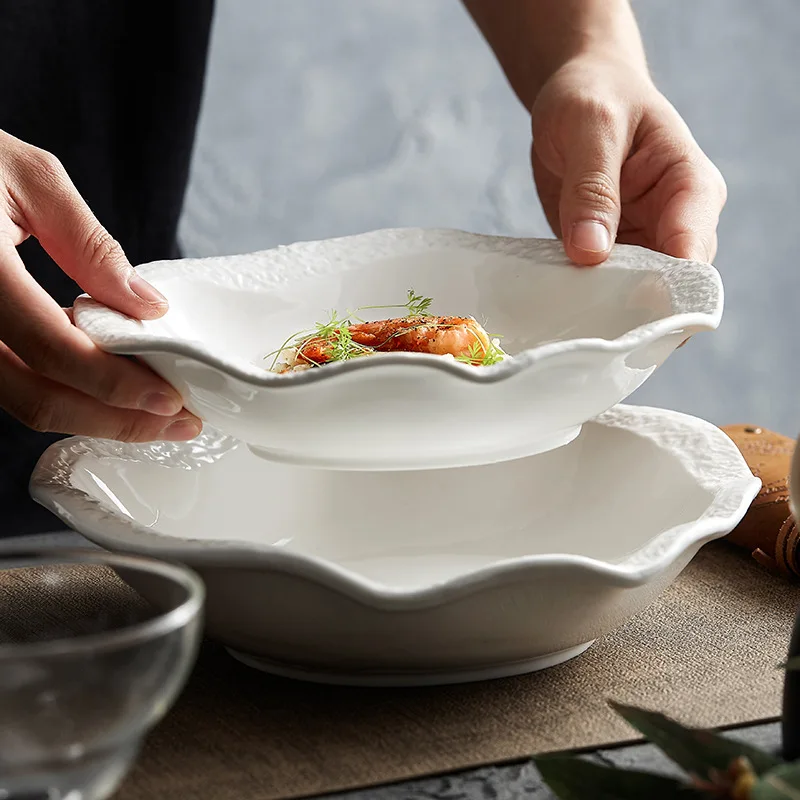 Plato de carne de cerámica de estilo occidental, cuenco redondo creativo con patrón de piedra ondulada de 8,75 pulgadas, utensilios de cocina para el hogar