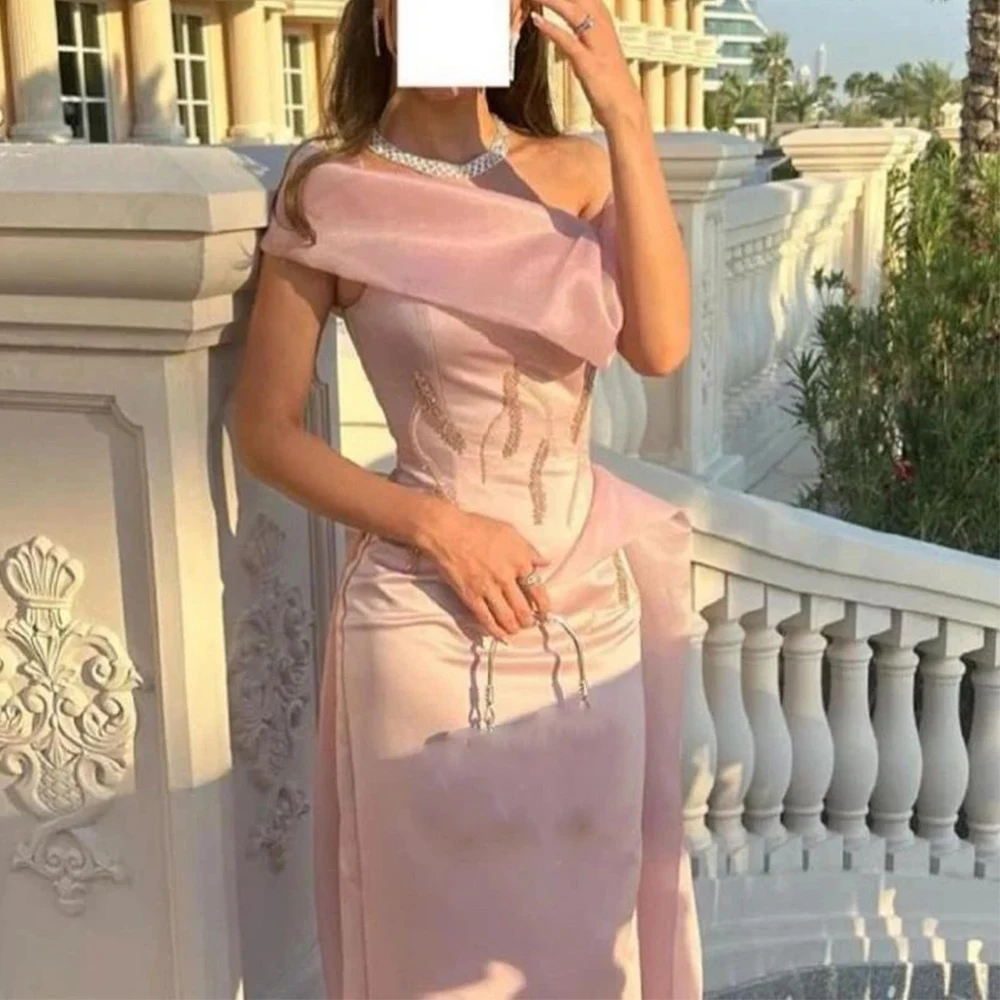 

Dream Pink Evening Dress Off the Shoulder Satin Beaded Floor Length Women Customized Short Sleeves فساتين سهرة فاخرة 2025