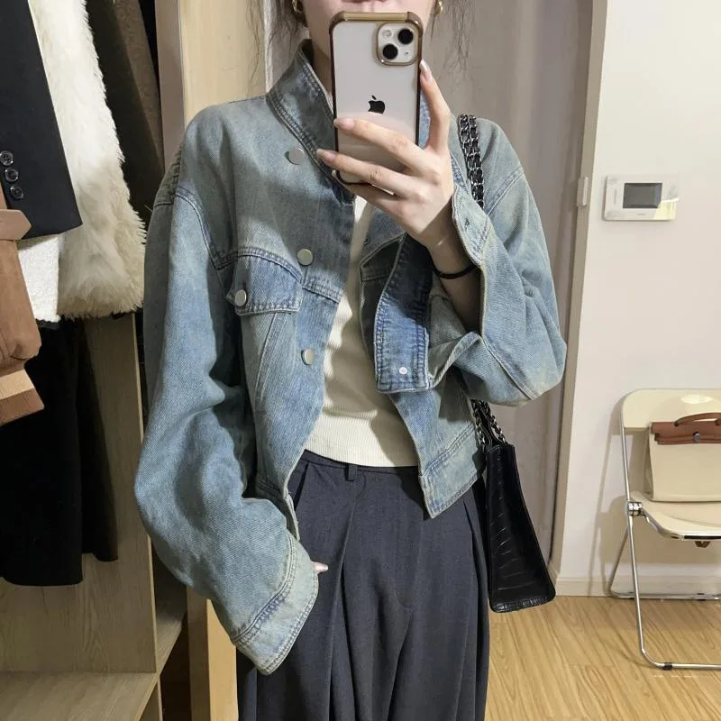 Women Demin Jacket 2026 Spring Autumn Cropped Denim Coat Women Loose Stand Collar Coat Casual Slim Fit Outerwear Daily Tops