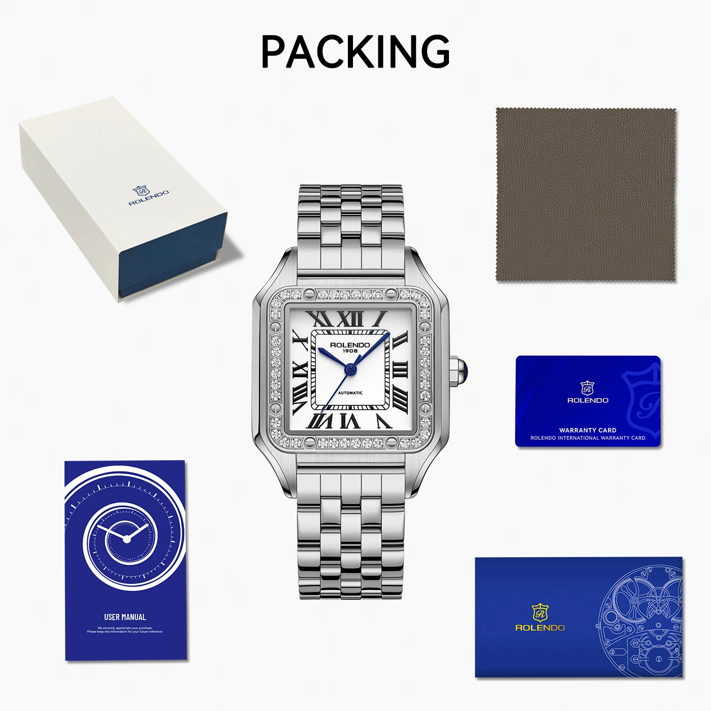 ROLENDO Luxury Gold Square Watch for Santos 33mm Diamond-Set Sapphire Crystal Roman Scale 5ATM Women's Automatic Wristwatch Gift