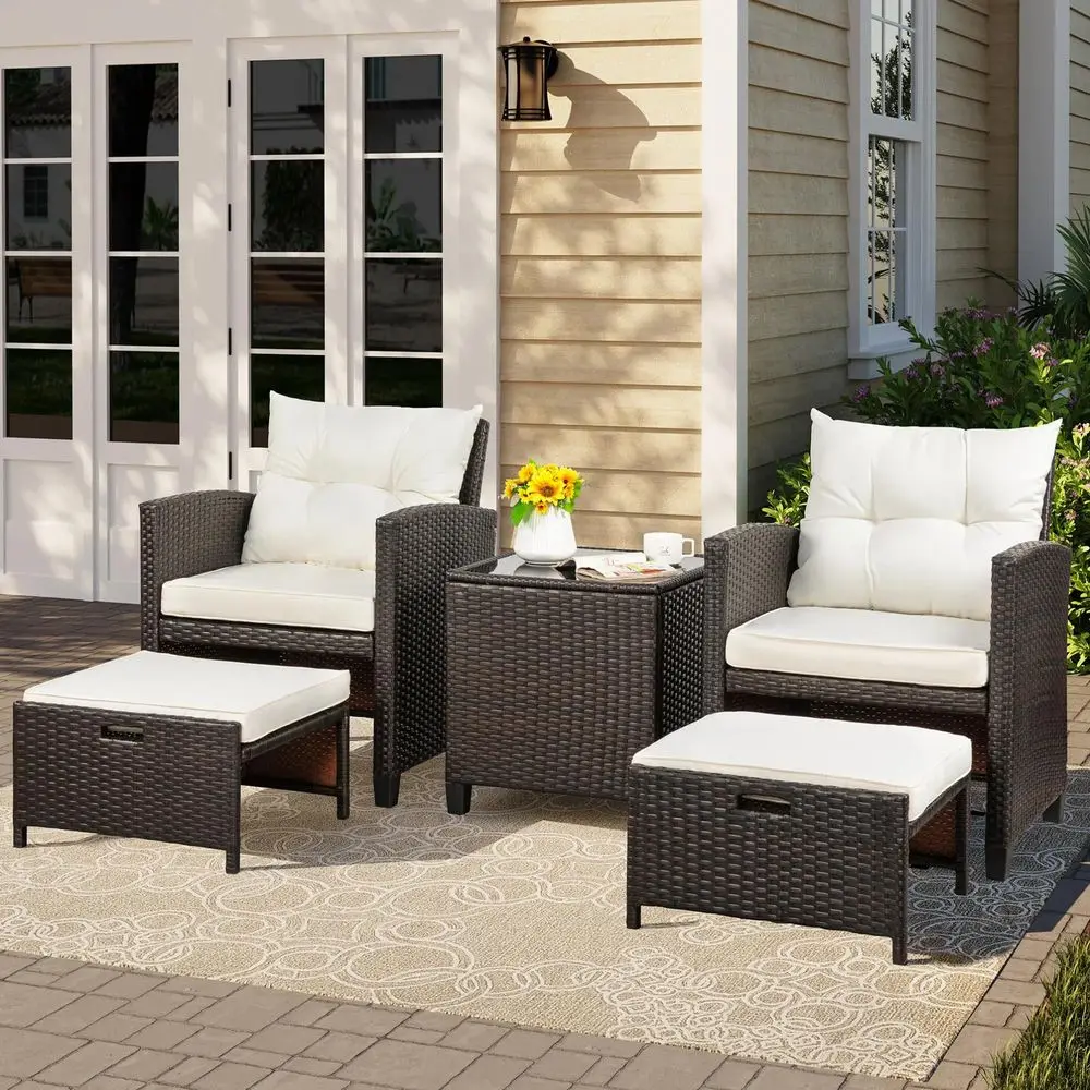 

Patio Chair with Ottoman, 5 Pieces Patio Furniture Set Small Balcony Furniture, Rattan Patio Chairs Set of 2 with Glass Table f