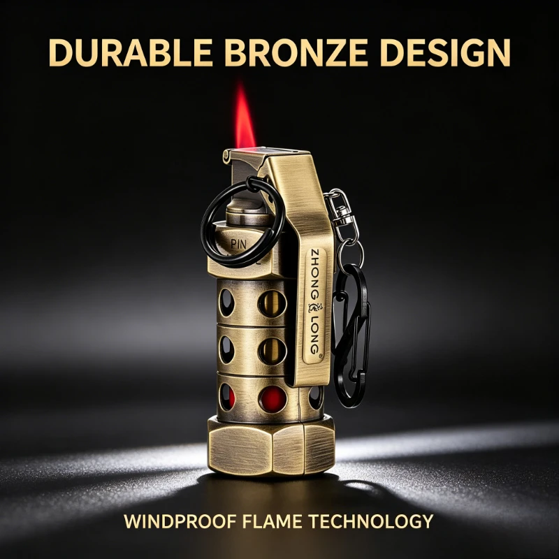 Military Style Grenade Design Inflatable Windproof Lighter, Straight Tube Keychain Pendant Mini Portable Smoking Lighter