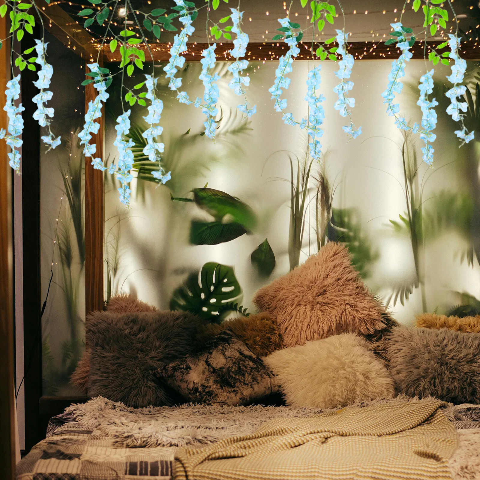 

12 шт. Искусственная гирлянда из глицинии, небесно-голубая, реалистичные подвесные цветы для свадебной арки, центрального украшения стола, декора для улицы и дома, искусственные