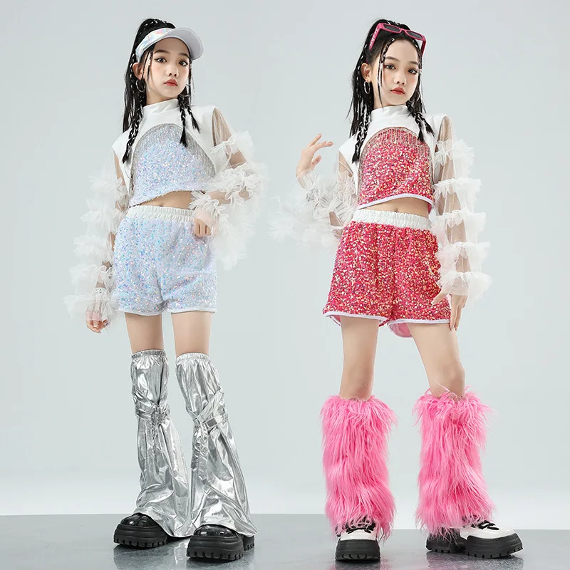 Trajes de dança jazz para meninas hip-hop crianças trajes de desempenho de dança de rua lantejoulas malha pista mostra vestido de jazz