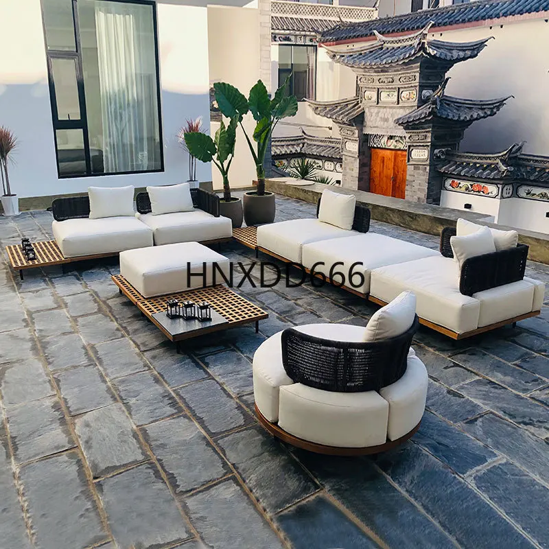 Outdoor Sofa Courtyard Villa Rattan Waterproof Sunscreen Teak