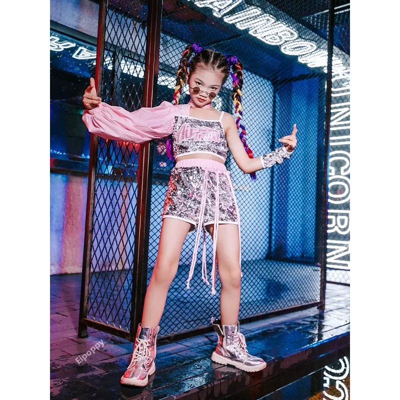 Teen Street Shiny Cool Clothes for Children Jazz Dance Hip-hop Costume Urban Dance Girl Clothes Pink Sequin