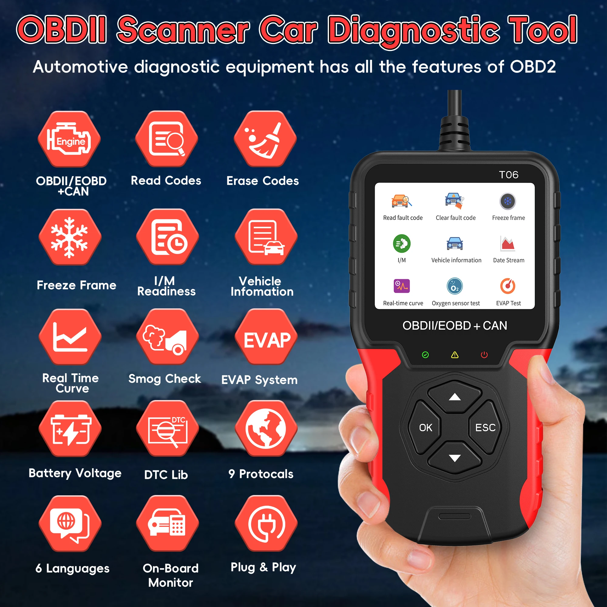 

Автомобильный диагностический сканер OBD2 T06 для проверки двигателя, считыватель кодов неисправностей, многоязычный, тестер аккумулятора