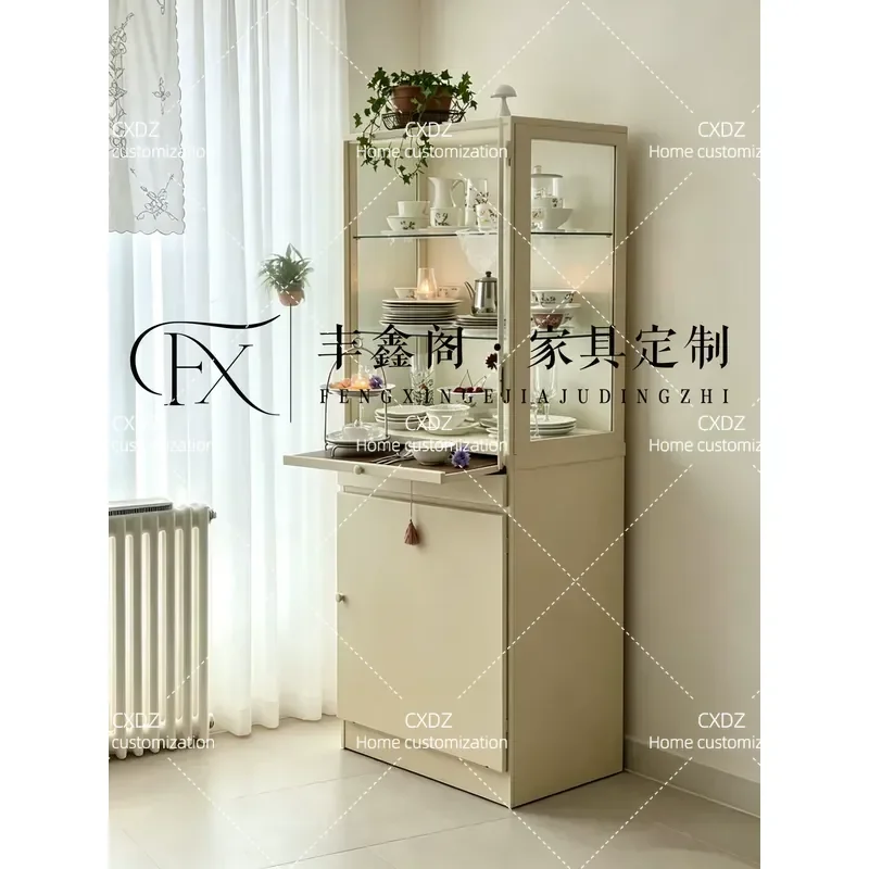 Simple cream style solid wood dining side cabinet French locker glass display figure cabinet medieval storage cabinet