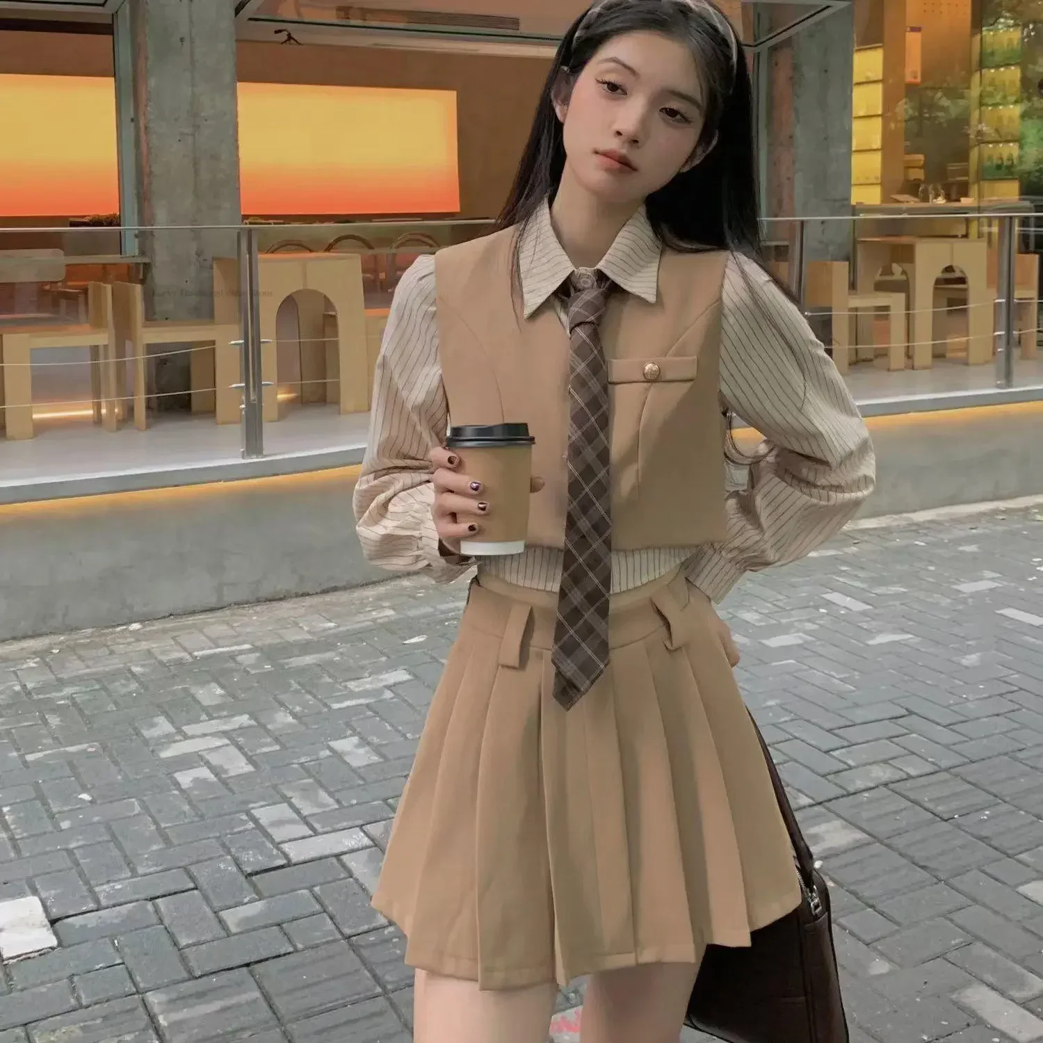 

Vintage College Style Vest Pleated Skirt Set Fashion Daily Wear 2025 Spring Summer New Korean Style School Uniform Women JK Suit
