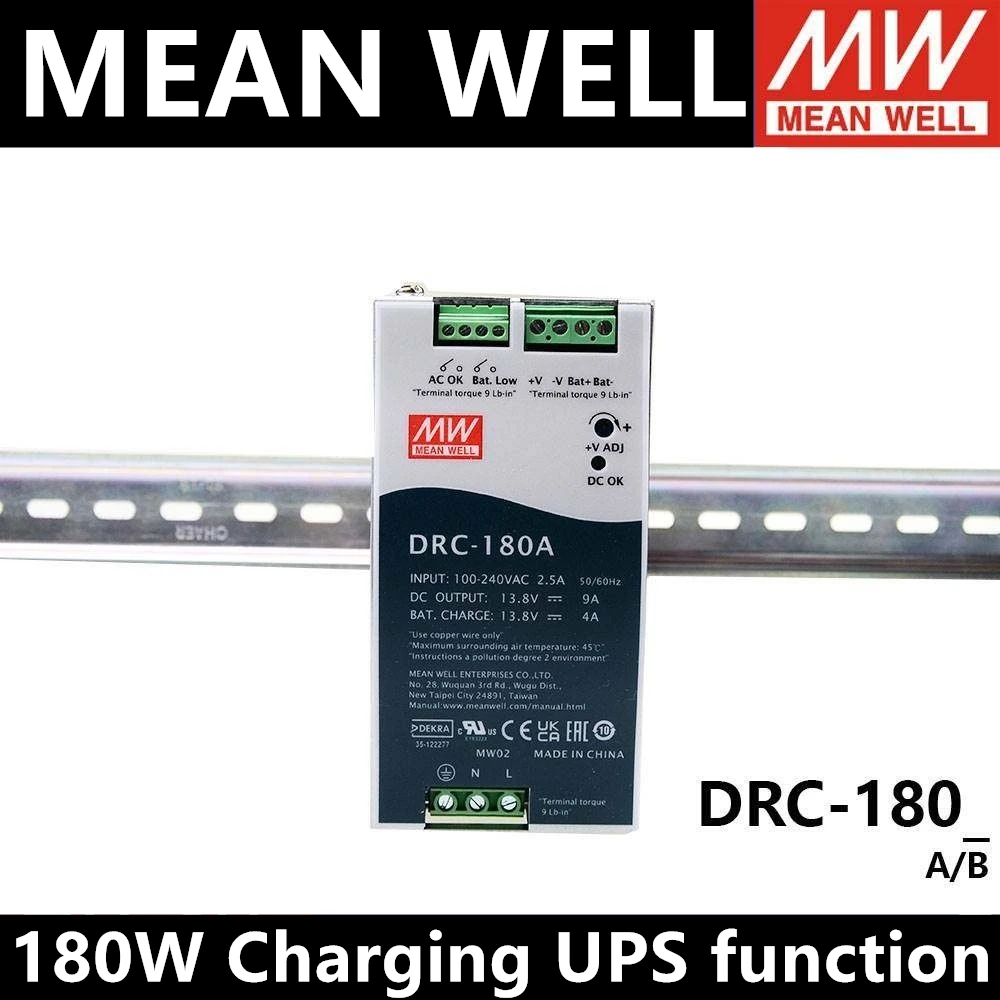 

MEAN WELL DRC-180A DRC-180B 180W UPS SMPS Steker Listrik AC DC Transformer Din Jenis Rel Keamanan Output Ganda 13.8V 27.6V