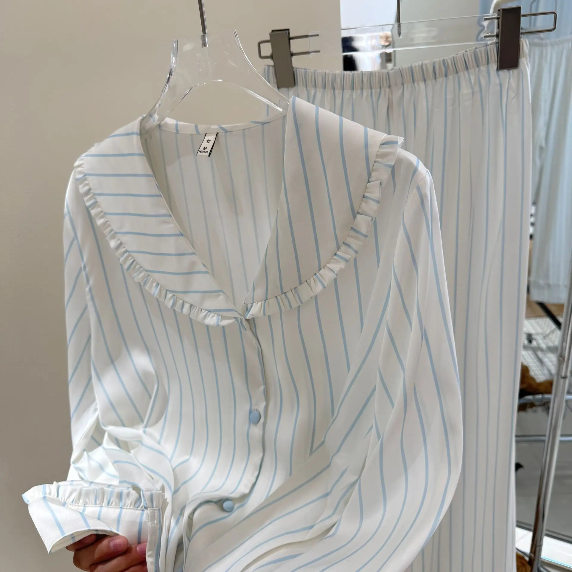 

Blue white Striped Pajamas Women Sleepwear Summer Thin Ice Silk Satin Loungewear Trouser Suits Long Sleeve Home Wear
