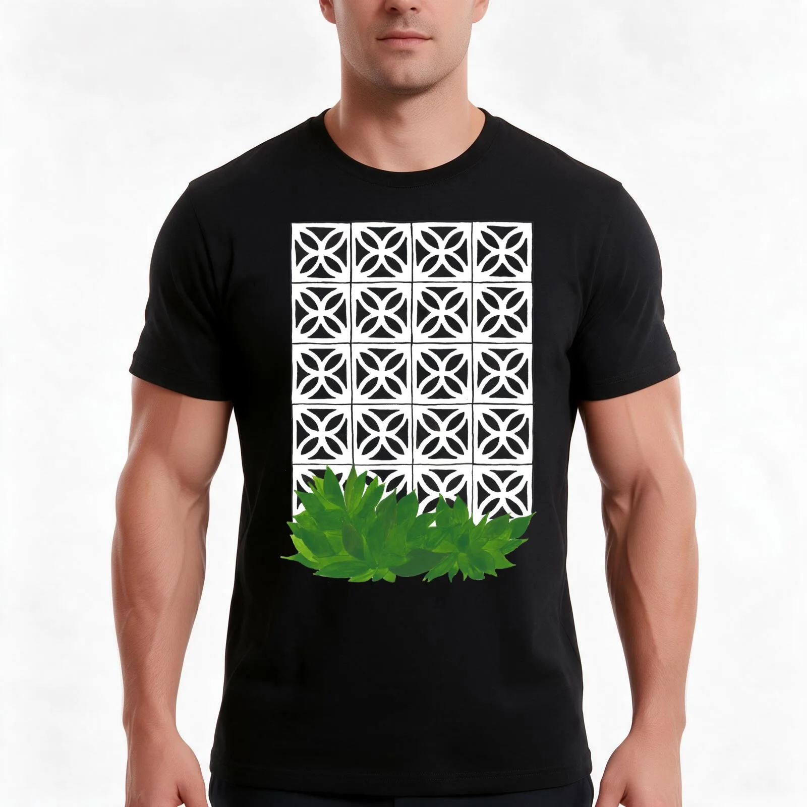 Mid Century Modern Breeze Blocks and Plants T-Shirt, Summer Casual Cotton Tee, Oversized Streetwear Tops, Vintage Graphic Print
