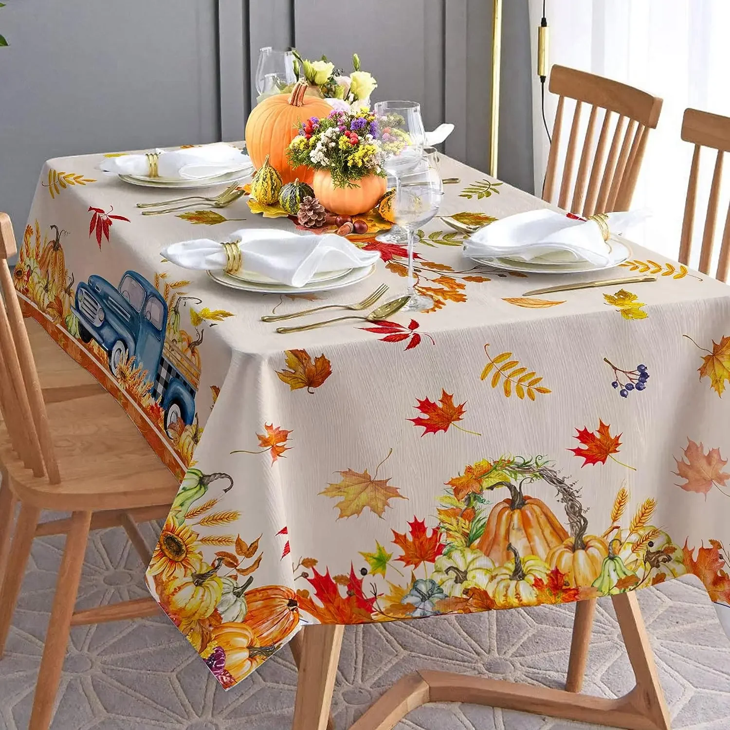 Fall Thanksgiving Pumpkins Maple Leaf Rectangle Tablecloth Kitchen Table Decor Waterproof Table Covers Holiday Party Decorations