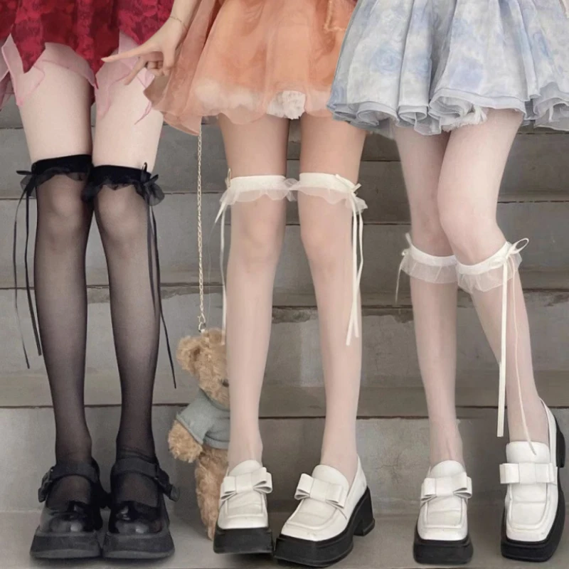 

1/2pairs Ruffle Long Socks Women Girls Sweet Ultra-thin Stockings JK Lolita Nylon Lace Leggings Over The Knee Bowknot Hosiery