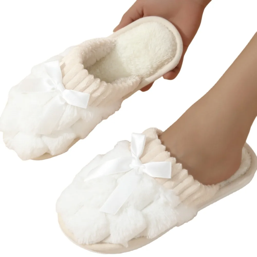 

Cute Plush Warm Fur Slippers Flat Heel Student Winter Warm Slippers Anti Slip Home Fluffy Bow Slippers Girls