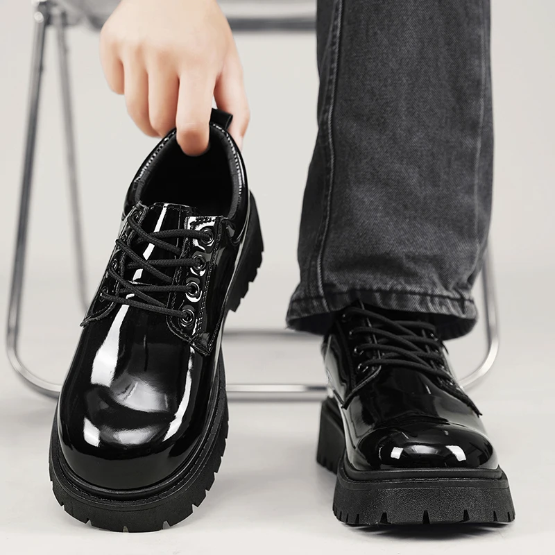 Schwarze Herren-Freizeitschuhe aus Lackleder, Plateau-Schnürschuhe, Business-Schuhe, Büro-Arbeitsschuhe, Party-, Hochzeits- und formelle Schuhe – Detail 12