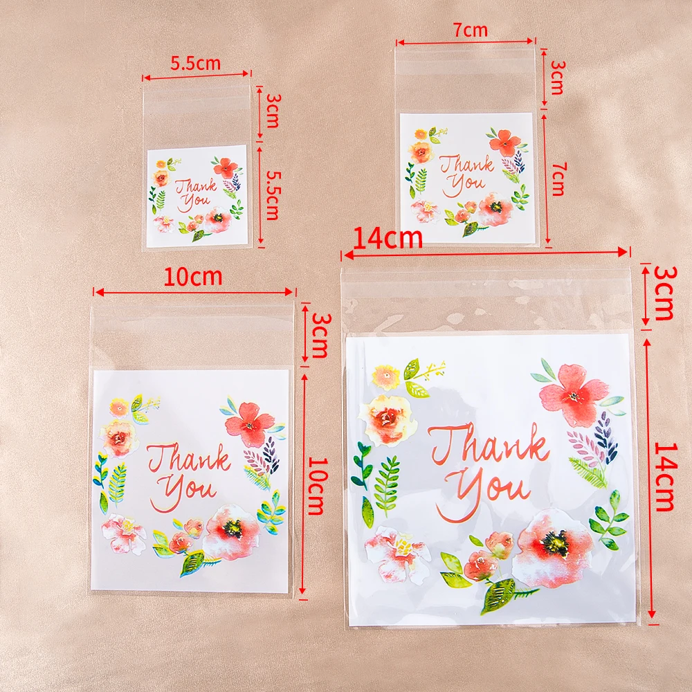 100Pcs four Sizes White Flower Thank You Plastic Gift Pouch Self-adhesive Biscuits Candy Jewelry Gift Packaging OPP Plastic Bag