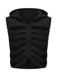 CHRONSTYLE Unisex Men Women Sleeveless Hooded Vest Skeleton Hollow Out Solid Color Hoodies Streetwear Summer Party Clubwear 2023