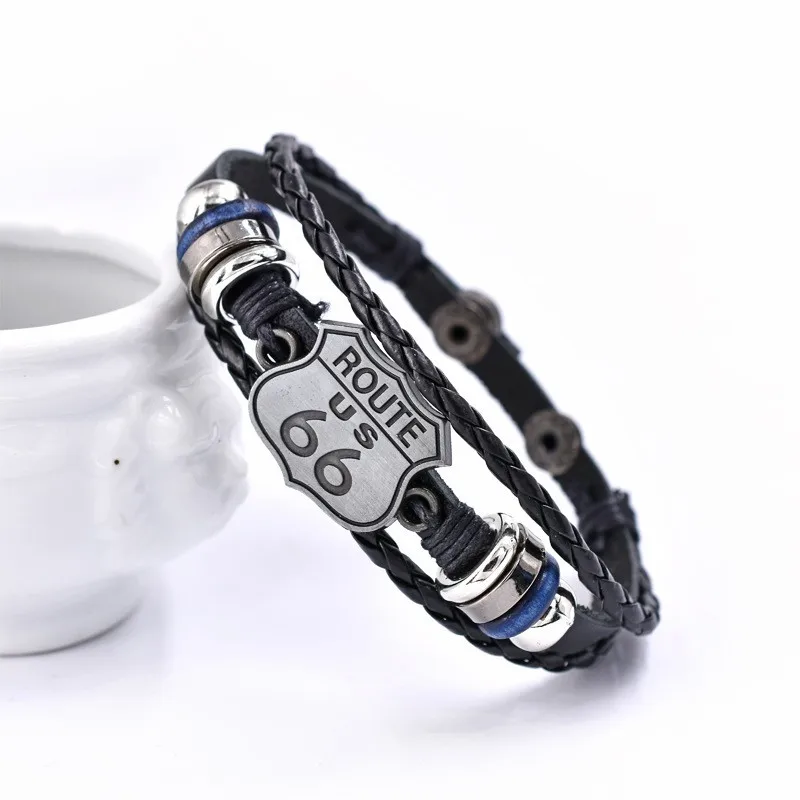 Vintage US Route 66 Printed Pattern Bracelet Men's Bracelet Metal Multilayer Leather Bracelet Accessories New Party Jewelry