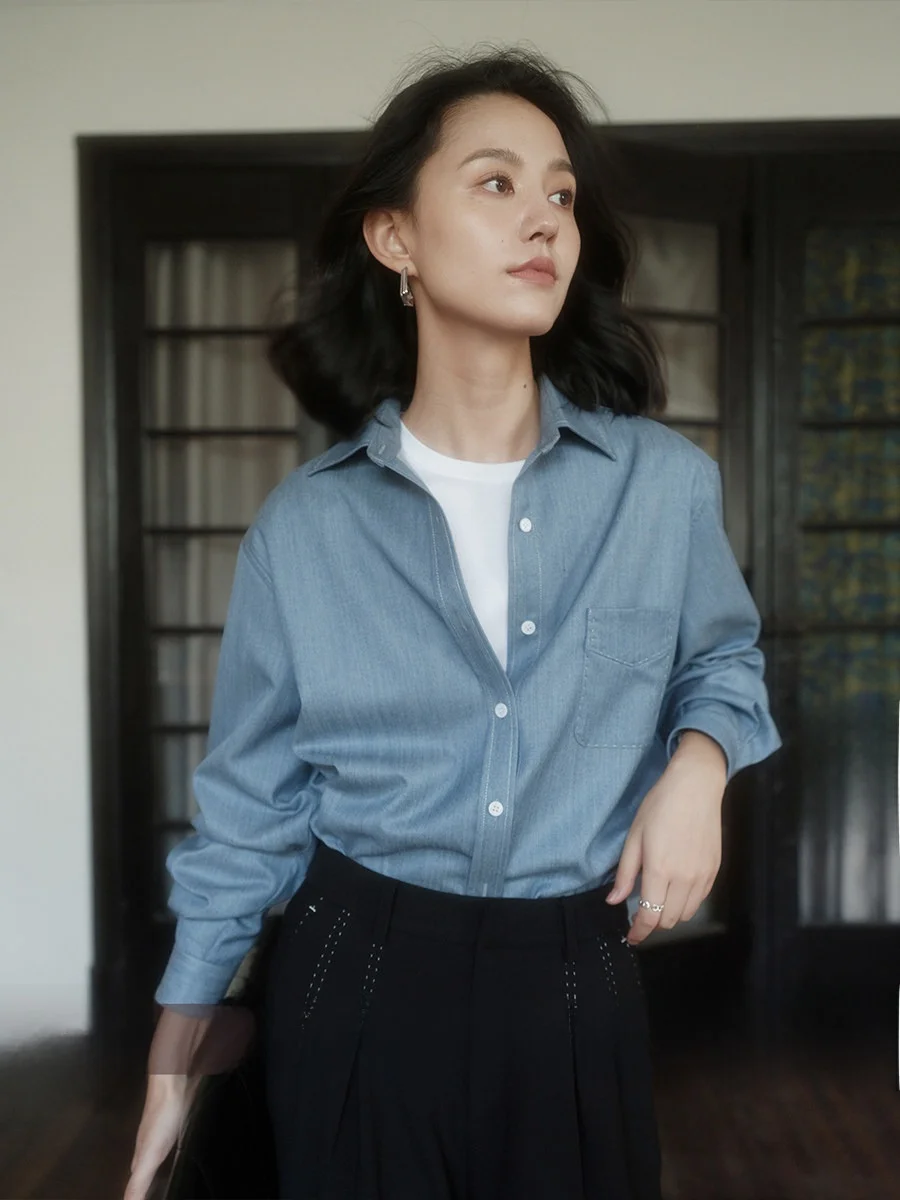 

Zhimei Rihua Soft Wool Denim irt Women Loose Vintage Sle Salt System Long Sve Casual Breathable Faion Ladies irt