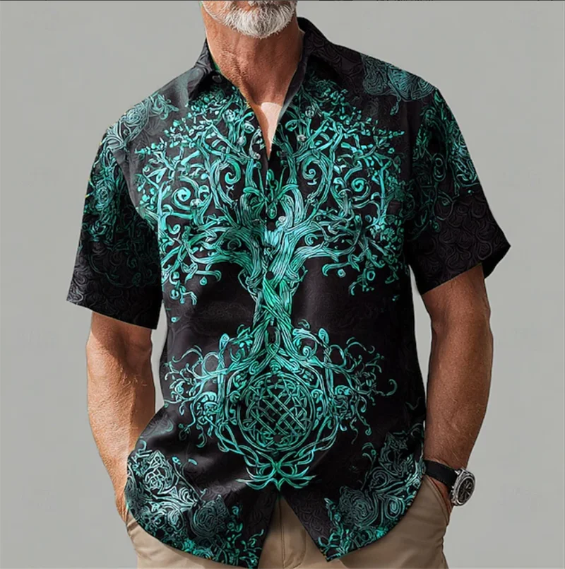 

Vintage Men's Shirt Short Sleeve Fashion 3D World Tree Print Summer Casual Ethnic Costume Shirt Men's Shirt