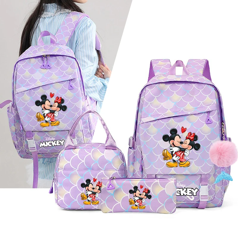 

3Pcs Mickey Minnie Mouse Fish Scale Kid Backpack With Mermaid Pendant Lunch Girl School Bag Children Schoolbag For Teenage Girls