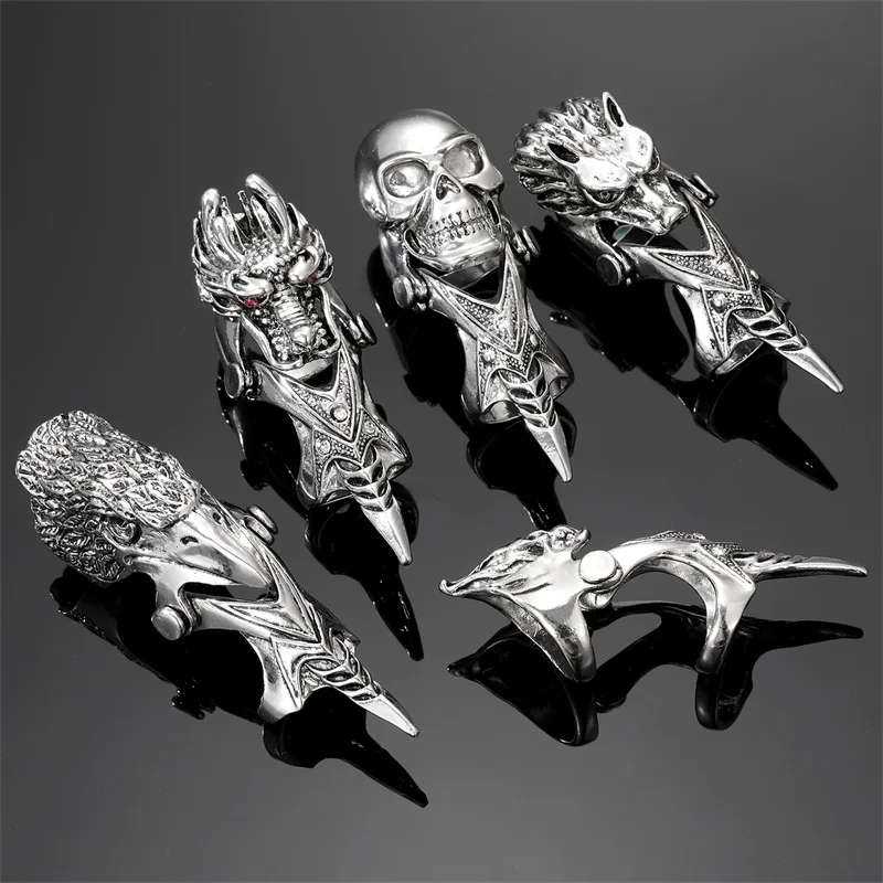 1PC Cobra Snake Skull Knuckle Armour Joint Rings For Men Women Punk Vintage Silver Color Wolf Eagle Dragon Head Big Ring Jewelry